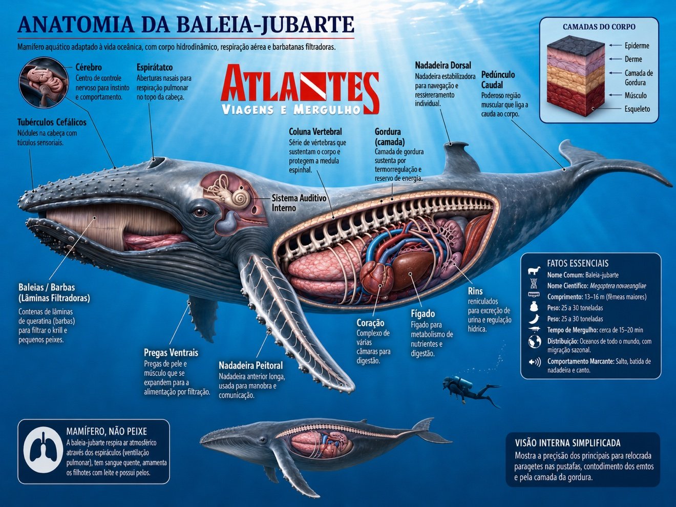 Infográfico da anatomia da baleia jubarte: as barbas filtradoras no lugar dos dentes, as pregas ventrais, a nadadeira peitoral longa e os órgãos internos