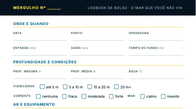 Página real do Logbook de Bolso com os campos de cada mergulho