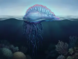 Ilustração do guia: boia azulada transparente com longos tentáculos
