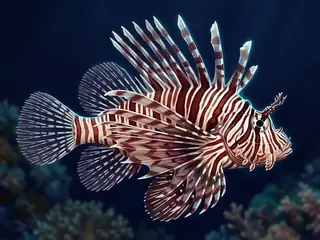 Ilustração do guia: peixe listrado de vermelho e branco com nadadeiras em leque