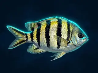 Ilustração do guia: peixe pequeno de cinco listras pretas em fundo amarelado
