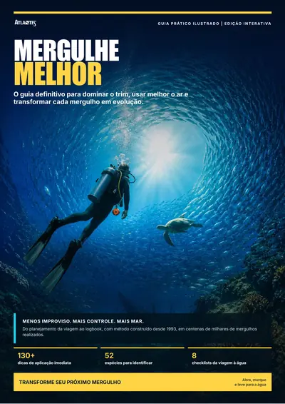Capa do guia Mergulhe Melhor, com um mergulhador num cardume