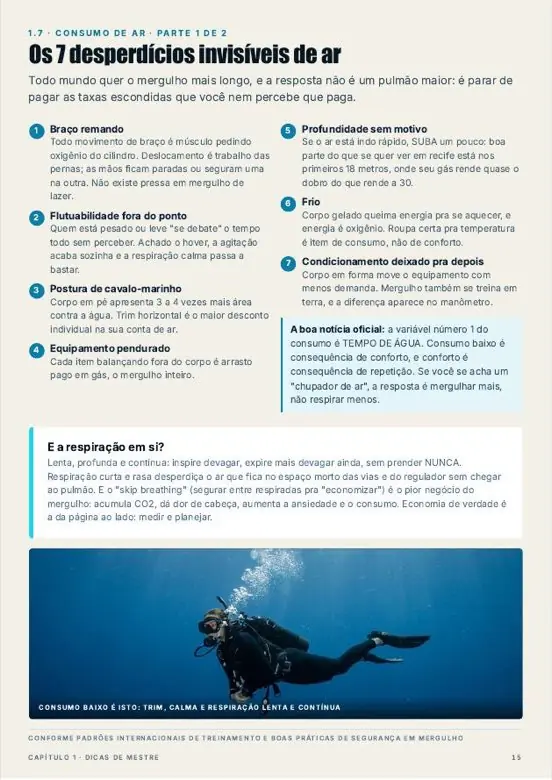 Página do guia sobre os 7 desperdícios de ar no mergulho