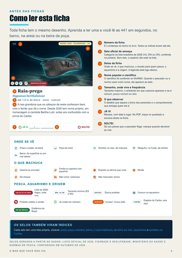 Página Como ler esta ficha, com uma ficha anotada e a legenda de todos os selos
